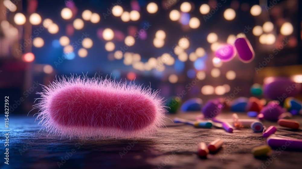 Poster A detailed view of a vibrant microorganism surrounded by tiny, colorful particles in a luminous and captivating microscopic world, creating a surreal effect