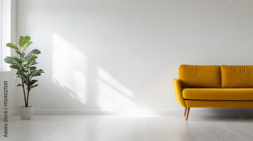 Poster stylish mustard yellow mid-century sofa with clean lines and tapered legs highlighted in a minimalis