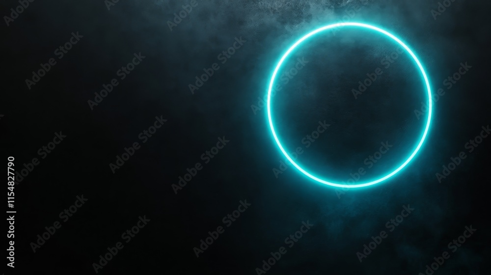 Poster a glowing neon blue circular shape hovers in a pitch-black setting, forming a futuristic and abstrac