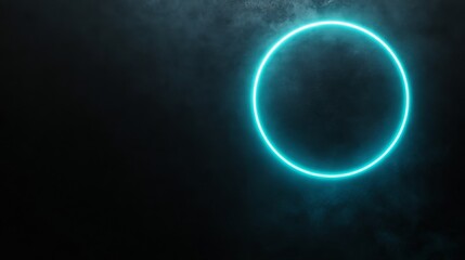 A glowing neon blue circular shape hovers in a pitch-black setting, forming a futuristic and abstract visual with designated copy space on the right side