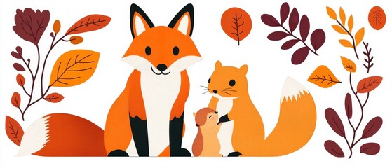 A whimsical illustration featuring a fox and a squirrel surrounded by autumn leaves, evoking a cozy, seasonal atmosphere.