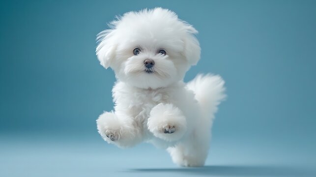 a cute little dog bichon maltes with white fluffy fur poses funny on light background