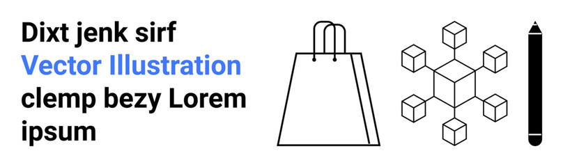 Shopping bag, geometric cube structure, pencil next to bold text. Ideal for retail, design, creativity, technology, marketing branding education. Landing page
