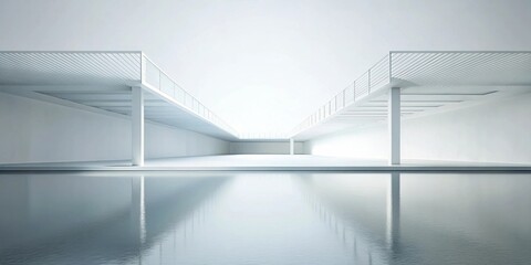 Obraz premium Minimalist architectural rendering of a serene white structure with elevated walkways reflecting in still water