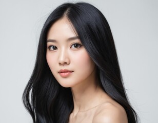 Fototapeta premium A Beautiful Asian Woman, Her face close up with smooth skin showing towards the camera on a White background. AI generated
