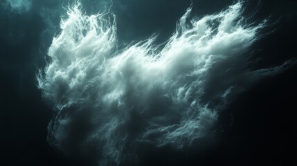 A fluffy white cloud suspended on a deep black background, soft lighting emphasizing its contours