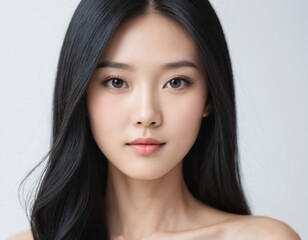 Fototapeta premium A Beautiful Asian Woman, Her face close up with smooth skin showing towards the camera on a White background. AI generated