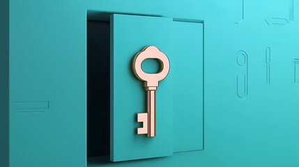 Unlocking potential key in turquoise safe modern design digital art minimalist environment close-up viewpoint