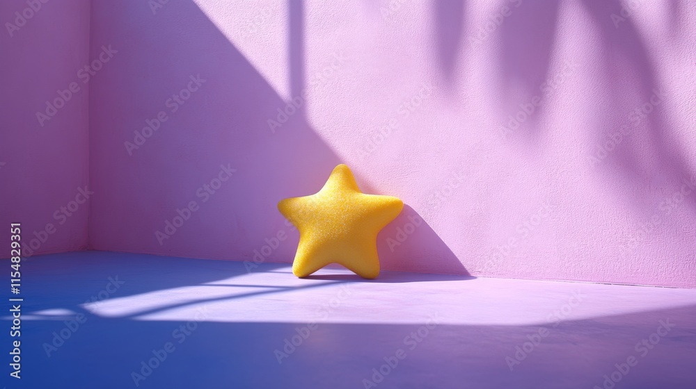 Poster A golden star stands alone on a pastel pink background, enhanced by soft shadows that add depth, creating a serene and minimalist visual effect suitable for various uses