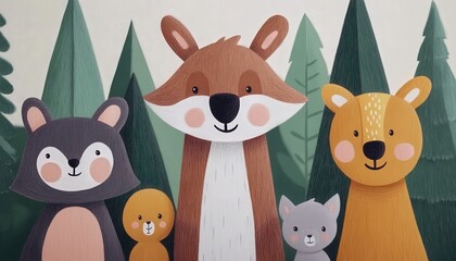 A colorful illustration featuring four cute, cartoon-style forest animals a bear, a fox, a rabbit, and a cat, set against a backdrop of stylized trees, evoking a playful and friendly atmosphere.