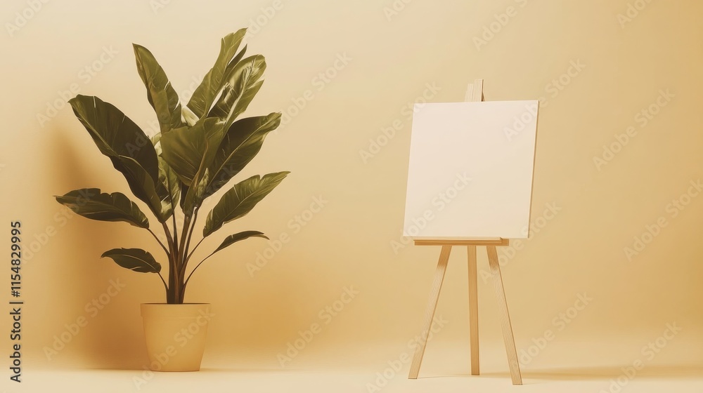 Poster a blank white canvas stands on an easel in a minimalistic room featuring neutral decor. a potted pla