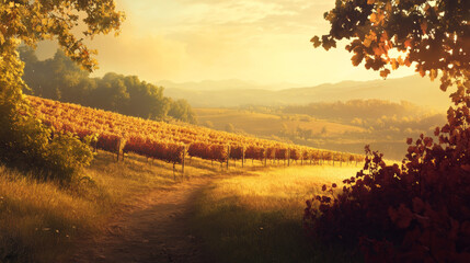 Fototapeta premium Golden Hour Vineyard Landscape: Autumn Wine Country Scene
