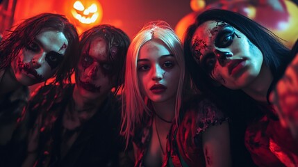 Obraz premium Halloween friends English costumes at a club event with a realistic poster and a dystopian theme