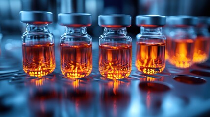 Vials containing a glowing liquid in a laboratory setting.