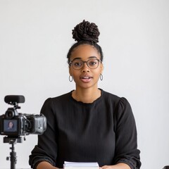 model confidently speaking into a camera setup