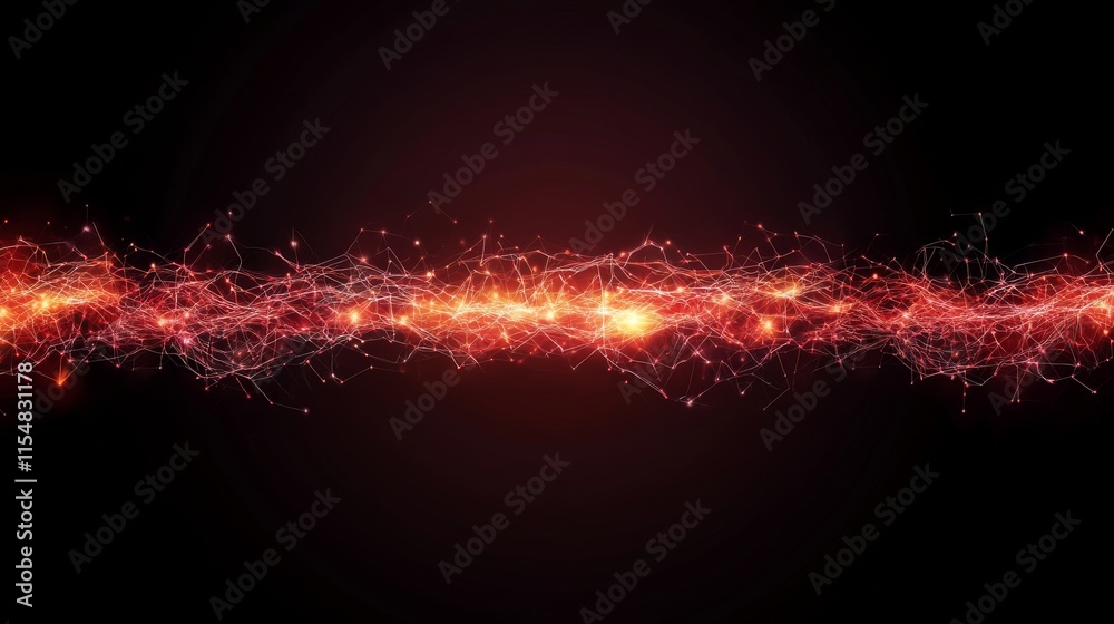 Fototapete Frontal wide-angle view of a vibrant network of glowing nodes linked by fine lines, showcasing a theme of technology and connectivity with copy space available