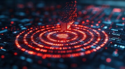 Digital circuit with glowing concentric patterns.