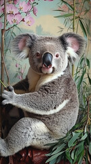 Fototapeta premium Majestic Koala Portrait: Fluffy Fur, Sharp Claws, Bamboo Orchid Background