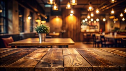 Obraz premium Rustic wooden table in a dimly lit restaurant setting with warm lighting and blurred background