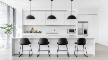 This kitchen boasts white cabinetry and stainless steel appliances, featuring a spacious island perfect for gatherings and enhanced by abundant natural light