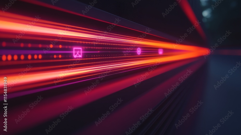 Poster Glowing lines of IoT data flow towards a central cloud server in a digital composition, featuring faint icons representing remote management systems on a dark background