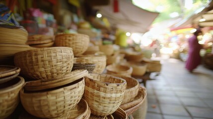 Handwoven Baskets at a Bustling Market Stall