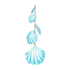 Turquoise seashells are hung on a rope. Hand drawn watercolor illustration isolated. Pendant of scallops for interior in marine style. Nautical decoration. Clipart for card, sticker, textile, print.