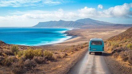 Aerial view of camping van on a street in Fuerteventura
