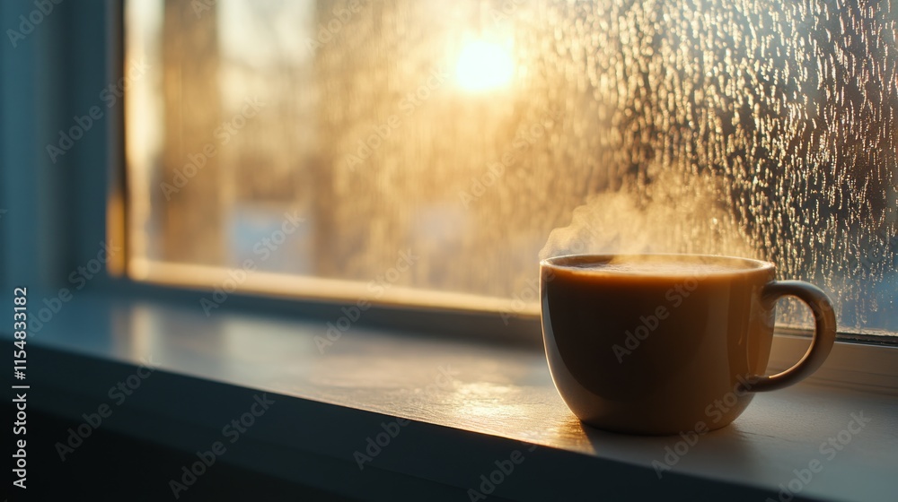 Poster Intricate ice patterns decorate a frosty window, with soft sunlight illuminating a cup of steaming cocoa resting on the windowsill, creating a cozy atmosphere