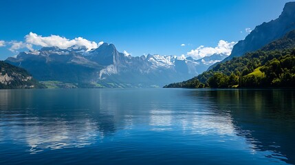 Naklejka premium Serene Swiss Lake with Majestic Mountains. Tranquil Alpine Landscape.
