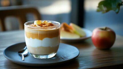 Delightful natively constructed chilled dalgona Espresso an in vogue soft smooth served on table with a plate of apple