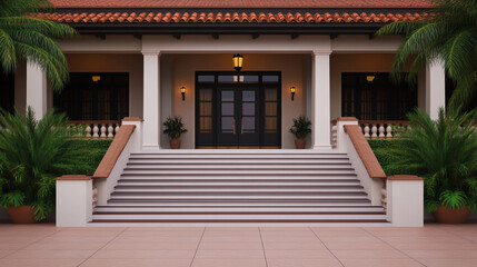 Fototapeta premium Elegant entrance with steps, decorative architecture, and surrounding greenery.