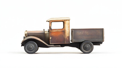 Fototapeta premium vintage rusty toy truck model side view isolated on white background