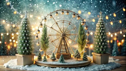 Miniature winter wonderland scene with Ferris wheel and snow-covered trees under a starry night sky