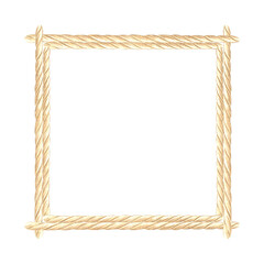 Rope frame square. Hand drawn watercolor illustration isolated. Border made of cord in marine stile. Copy space for text. Braided twine, string garland. Nautical template for postcard, textile, print.