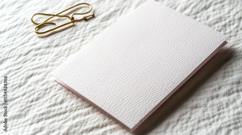 Poster Blank rectangular card with a soft pink border is placed alongside a gold paperclip on a textured white surface, providing ample copy space for creative use