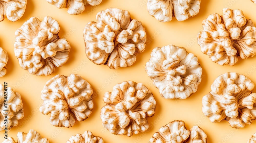 Poster shelled walnuts are arranged in a trendy repeating pattern on a bright yellow canvas, showcasing pla