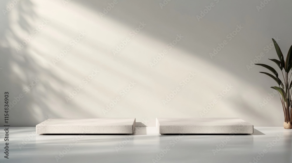 Aufkleber Two rectangular concrete podiums sit on a smooth white surface, illuminated by soft natural light that highlights subtle shadows in a minimalist setting