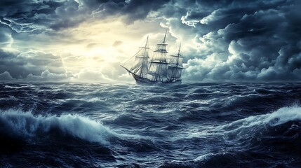 Obraz premium Vintage Ship in a Stormy Sea. Concept of Adventure, Danger, and Nautical.