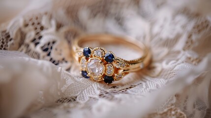 Obraz premium Gold ring with sapphire accents placed on lace fabric