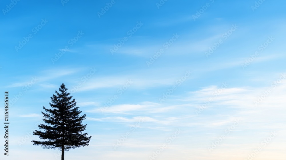 Poster a tall tree silhouette stands against a bright blue sky filled with fluffy white clouds, creating a 
