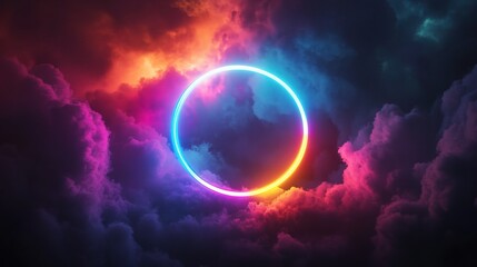 Colorful Neon Ring Glowing Inside Stormy Clouds in 3D Render