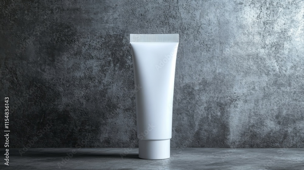 Poster single white cosmetic tube stands upright on a textured gray surface, illuminated by soft studio lig