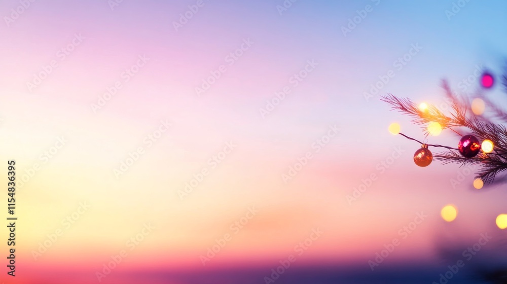 Fototapete a single fir branch adorned with vibrant ornaments and sparkling golden lights rests against a soft 
