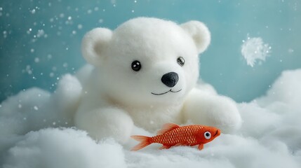 Handcrafted stuffed polar bear with a small fish toy arctic scene