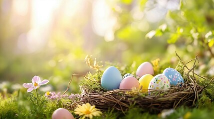 Obraz premium A basket of Easter eggs is sitting on a grassy field. The eggs are of different colors, including yellow, pink, and blue. The basket is surrounded by flowers, adding a touch of springtime to the scene