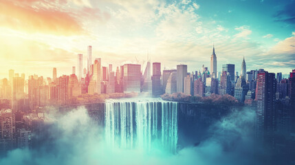Obraz premium Cityscape Waterfall Skyscrapers Urban Nature Fantasy