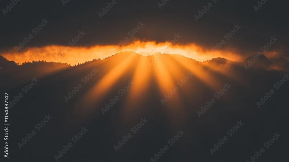 Poster golden rays burst through the darkness, casting light over distant mountains at sunrise, creating a 