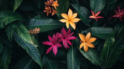 Naklejka premium Vibrant Tropical Leaves with Colorful Flowers on Dark Background