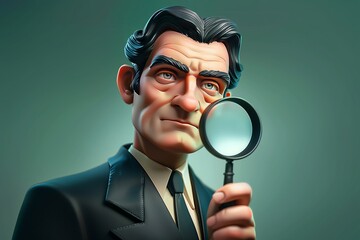Detective examining a clue with a magnifying glass in dimly lit room filled with intrigue